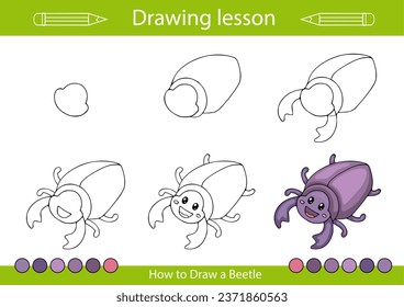 Drawing tutorial kids art lesson. How to draw a insect. Kids activity page. Children education step by step worksheet. Vector illustration of beetle.