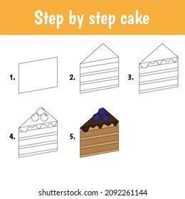 Drawing tutorial for kids. Easy level. Education sheets. How to draw cake