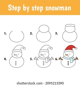 Drawing tutorial for kids. Easy level. Education sheets. How to draw snowman