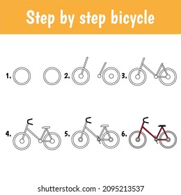 Drawing tutorial for kids. Easy level. Education sheets. How to draw bicycle