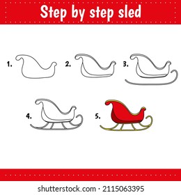 Drawing tutorial for kids. Easy level. Education sheets. How to draw sled