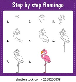 Drawing tutorial for kids. Easy level. Education sheets. How to draw flamingo