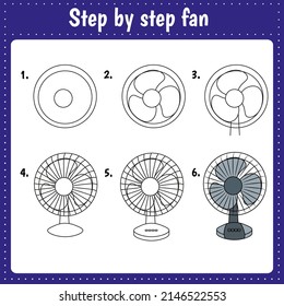 Drawing tutorial for kids. Easy level. Education sheets. How to draw fan