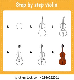 Drawing tutorial for kids. Easy level. Education sheets. How to draw violin
