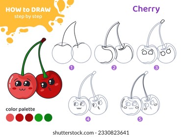 Drawing tutorial for kids. Education worksheet. How to draw cherry. Step by step. Graphic task for preschool and school children with color palette. Art with berry. Vector illustration. 