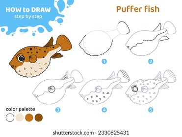 Drawing tutorial for kids. Education worksheet. How to draw puffer fish. Step by step. Graphic task for preschool and school children with color palette. Art with fish. Vector illustration. 