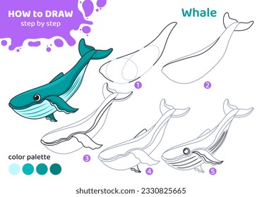 Dibujar tutorial para niños. Hoja de trabajo de educación. Cómo dibujar ballena. Paso a paso. Tarea gráfica para niños de preescolar y escolares con paleta de colores. Arte con animal. Ilustración vectorial. 