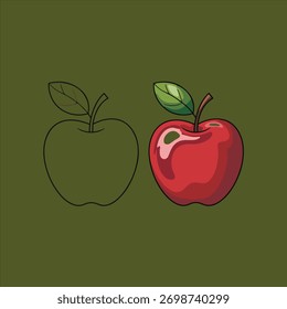 A  drawing tutorial showing two versions of an apple side by side on a white background with a wooden texture border. On the left is a simple black line drawing of an apple.