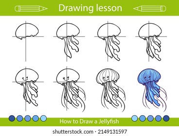 Drawing tutorial step by step lesson. How to draw a jellyfish. Educations worksheet and activity page. Vector illustration for children art.