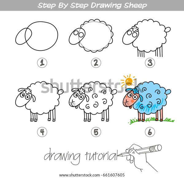 図面のチュートリアル 羊を一歩一歩引いて描く 子ども向けの羊を描くのは簡単だ おかしな漫画のキャラクター ベクターイラスト のベクター画像素材 ロイヤリティフリー