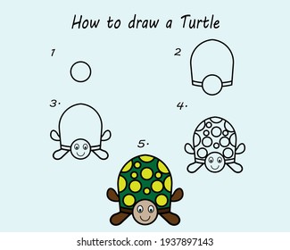 Drawing tutorial a Turtle. Step by step repeats the picture. Drawing lesson for children. Vector illustration.