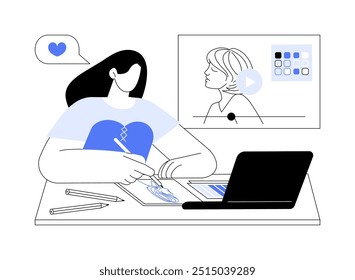 Drawing tutorials isolated cartoon vector illustrations. Smiling woman makes sketches and watches drawing tutorials, contemporary creative hobby, leisure time art activity vector cartoon.