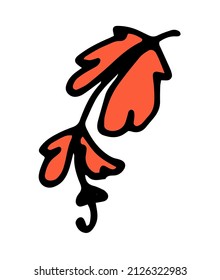 drawing of twigs of red leaves of plants. curved vine in cartoon style made of orange color with black outline on white for a natural design template