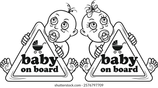 Drawing of twins, boy and girl, holding a baby on board car sign.