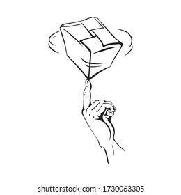 Drawing of twirlig delivery box on a finger. vector illustration