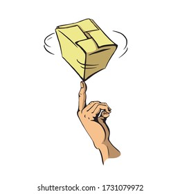 Drawing of twirlig delivery box on a finger. vector illustration