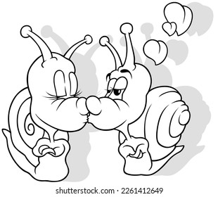 Drawing of a Two Amorous Snails with Hearts - Cartoon Illustration Isolated on White Background, Vector