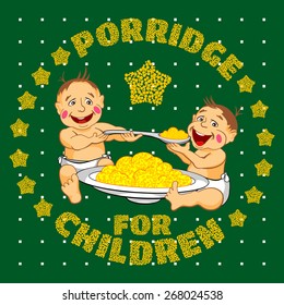 drawing two babies eat porridge on a green background