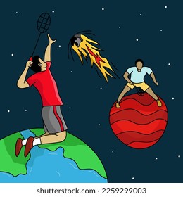 drawing of two badminton players competing between planets in outer space, illustration of protecting the planet from foreign objects.