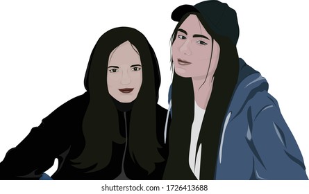 Drawing of two beautiful girls posing. White background