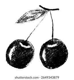 Desenho de duas cerejas pretas em estilo silhueta com uma mão desenhada a carvão, conte, ou textura em forma de pincel, ícone de vetor e ilustração de logotipo