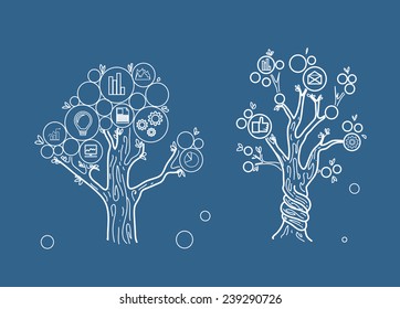drawing two business tree on blue background