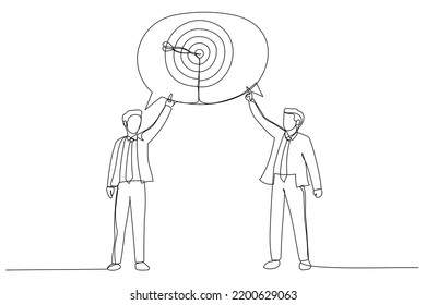 Drawing of two businessman talking about target. Single line art style
