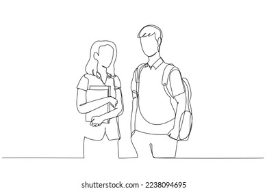 Drawing of two college students stand in from of university. Perfect for book cover. Continuous line art
