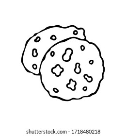 Drawing of two cookies with nuts and raisins. Black lines on a white background. Marker drawing. Vector illustration. Isolated image.