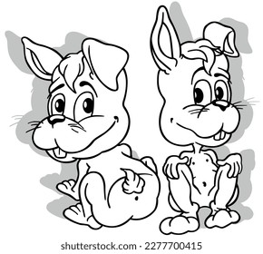 Drawing of a Two Cute Bunnies Sitting on the Ground - Cartoon Illustration Isolated on White Background, Vector