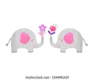 Drawing of two cute elephants with a flower for children. Vector elephants drawn in kid's style. Сartoon elephants illustration.