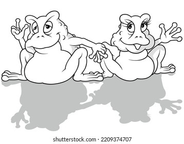 Drawing of Two Frogs Holding Hands - Cartoon Illustration Isolated on White Background, Vector