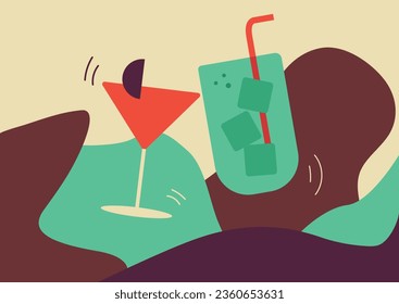 Drawing two glasses. Minimalist vacation concept of toast feast and cheering drinks. Vector Illustration. Banner in warm pastel tones for art decorations, print for decoration.