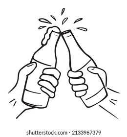 drawing of two hands holding beer cheering about old days 