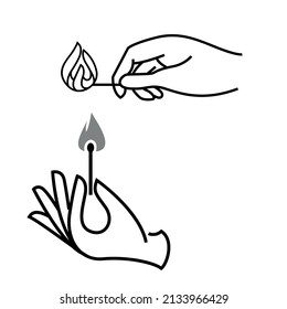 drawing two hands holding match and fire
