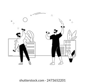 A Drawing Of Two Men Playing A Game With The Gym Workout Outline Illustrations Set, Outline Drawing communication, Template Vector Set.