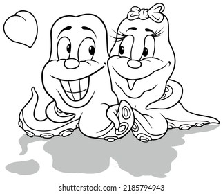 Drawing of Two Octopuses in Love - Cartoon Illustration Isolated on White Background, Vector