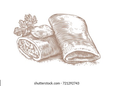 Drawing of two pancakes stuffed with meat with butter and parsley