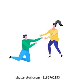 Drawing of two people. Couple of man and woman. To help. The girl hurries to help the fallen man