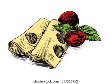 Drawing of two pieces of cheese with tomatoes and basil on the white