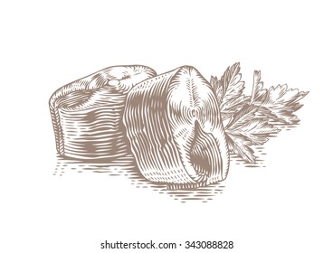 Drawing of two pieces of mackerel with fresh parsley