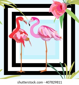 Drawing  two of red and pink flamingos, texture striped,  background with flowers seamless pattern, fashion design ,  color tropical vector prints