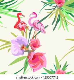 Drawing two of red and pink flamingos,  tropical floral background (the color pink green blue yellow  lilac red white black ), vector fashion print design, trendy fabric texture, seamless pattern