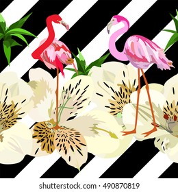 Drawing  two of red and pink flamingos, texture striped,  background with flowers seamless pattern, fashion design ,  color tropical vector prints