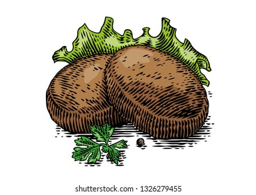 Drawing of two roasted rissoles with fresh lettuce and parsley