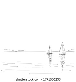 Drawing of two sailing boats with reflection on calm water, Vector sketch, Hand drawn illustration