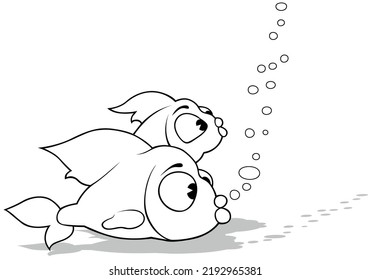 Dibujo de dos pequeños peces oceánicos con burbujas - Ilustración de dibujos animados aislados en fondo blanco, vector