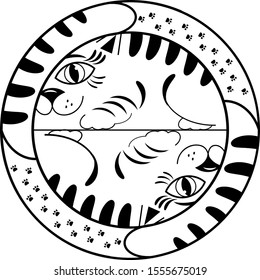 Drawing of two symmetrical cats for a decorative plate in the shape of a circle, black and white