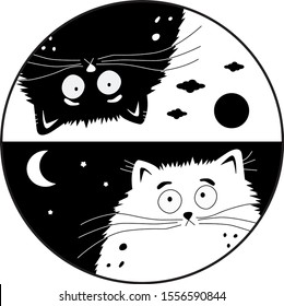 Drawing of two symmetrical cats for a decorative plate in the shape of a circle, black and white