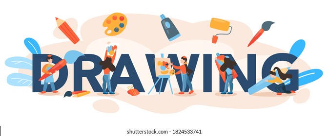 Drawing typographic header. Idea of creative people and profession. Male and female artist standing in front of big easel or screen, holding a brush and paints. Isolated flat vector illustration